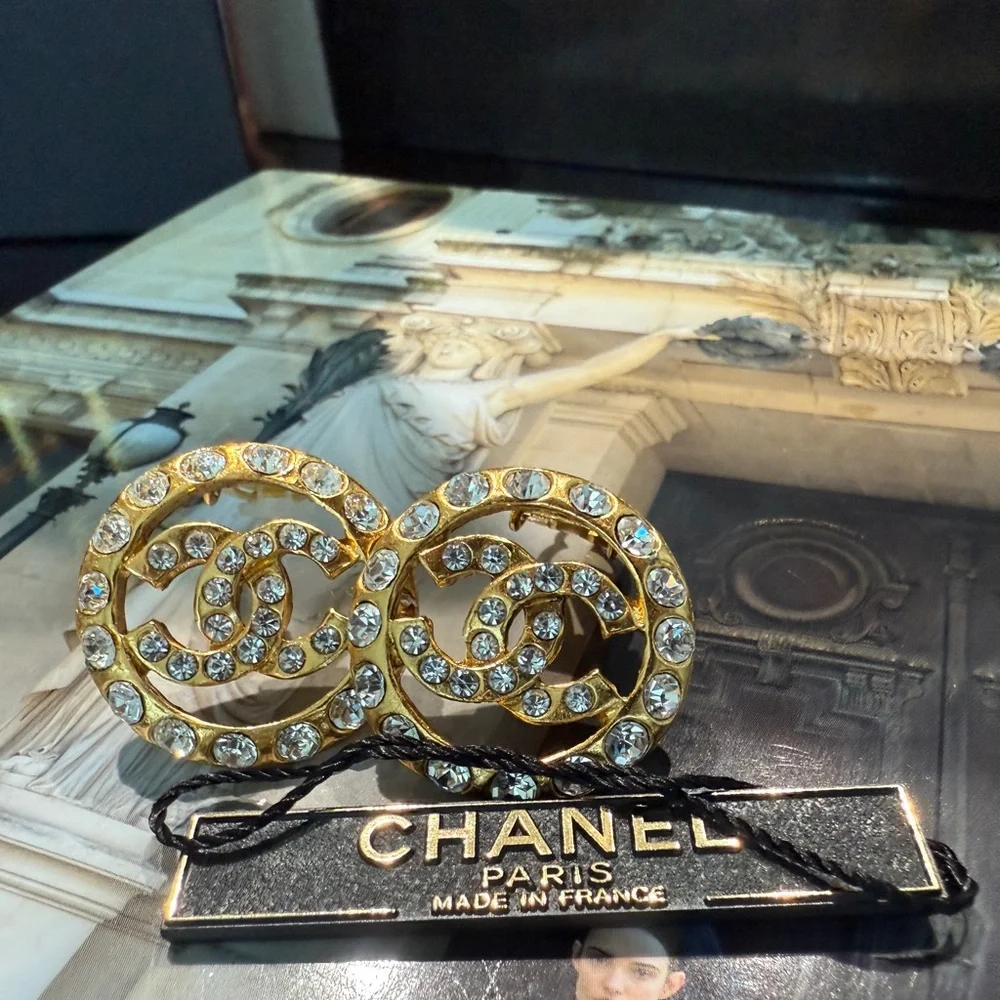 LOT 2018 24K gold plated CHANEL Gold and Crystal Logo Earrings